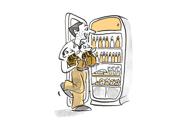 Illustration Vater hält seine Zwillinge im Arm und lässt sie aus dem Kühlschrank aussuchen..