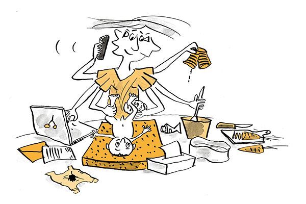Illustration Eine alleinerziehende Mutter wechselt die Windel vom Kind, telefoniert, kocht, und arbeitet gleichzeitig.