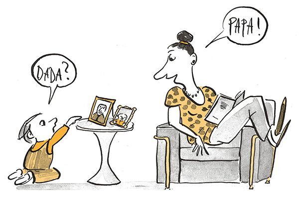 Illustration Kind zeigt auf ein Foto vom Vater.