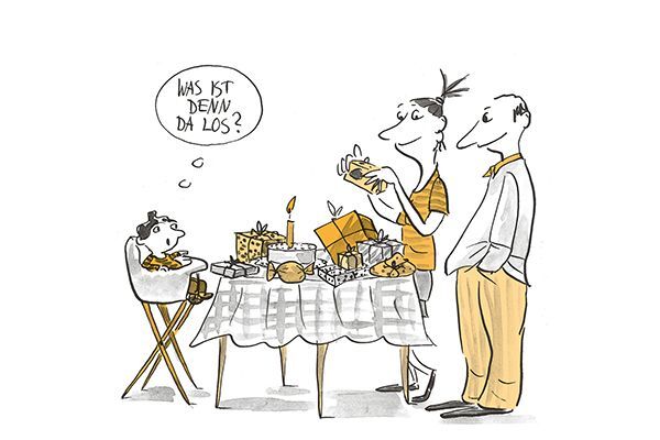 Illustration Die Eltern feiern mit ihrem Kind den ersten Geburtstag.
