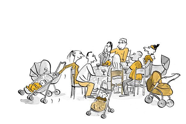 Illustration Eltern sitzen am Tisch und trinken Wein, während die Babys in Kinderwagen schlafen.