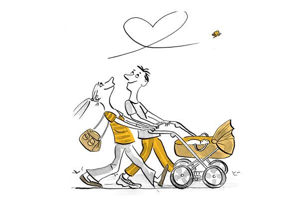 Illustration Paar geht mit dem Kind im Kinderwagen spazieren.