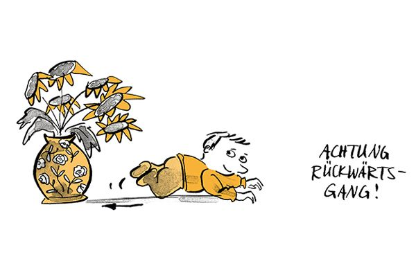 Illustration Kind krabbelt rückwärts in eine Vase.