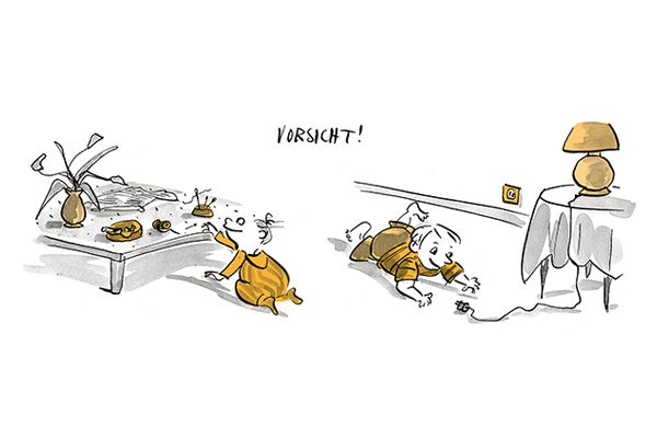 Illustration Zwei Kinder entdecken Gefährliches beim Krabbeln.
