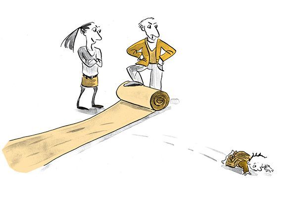 Illustration Der Vater rollt einen Teppich ein.