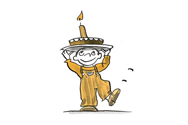 Illustration Kind trägt eine Geburtstagstorte auf dem Kopf.