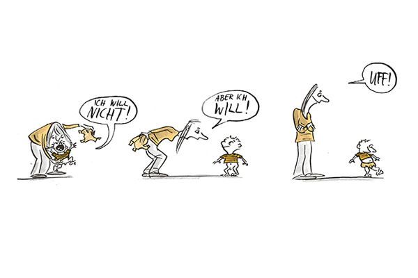  Illustration Das Kind will die Hose nicht anziehen.