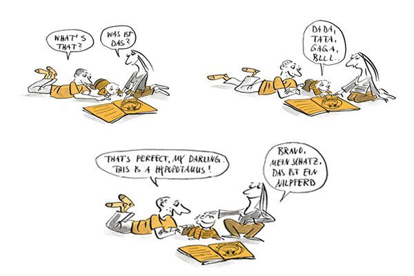  Illustration Mutter und Vater sprechen unterschiedliche Sprachen mit dem Kind.