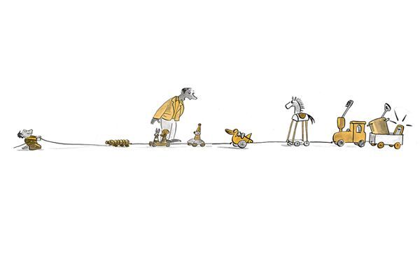 Illustration Ein Kind zieht einen Zug an Spielzeug hinter sich her.