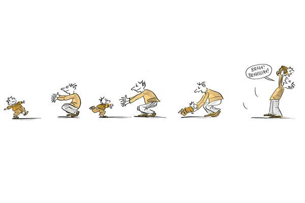 Illustration Ein Kind geht auf seinen Vater zu.