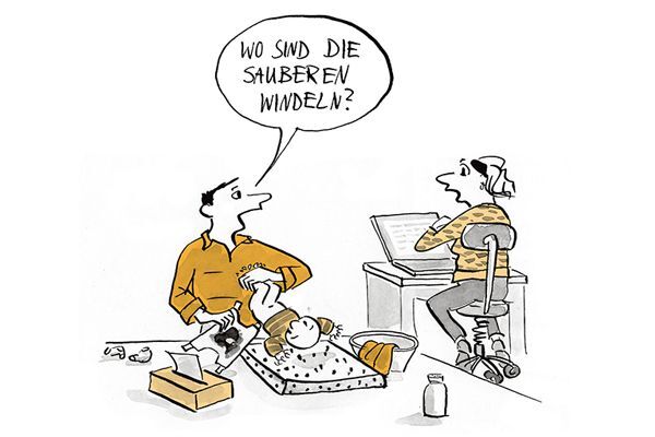Illustration Mann wickelt sein Baby und spricht mit seiner Frau.