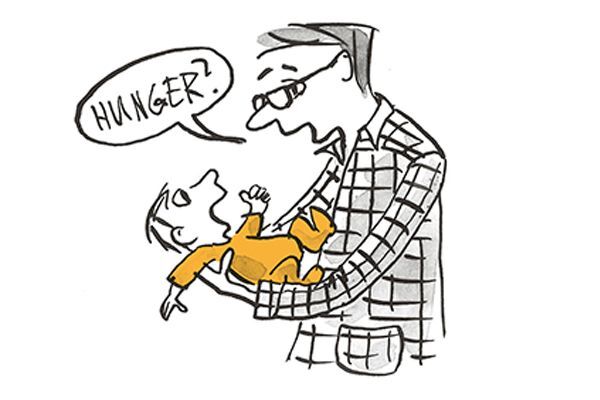 Illustration Mann hält Baby und fragt ob es Hunger hat.