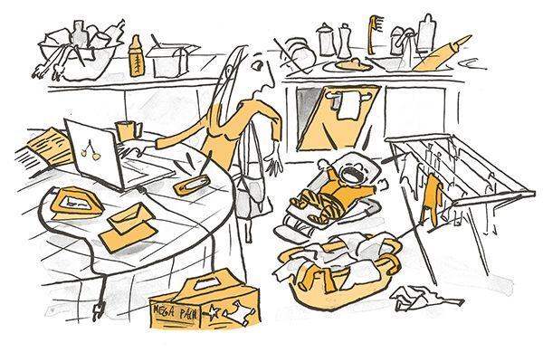 Illustration Die Mutter sitzt in der Küche, das Kind schreit, überall herrscht Chaos.