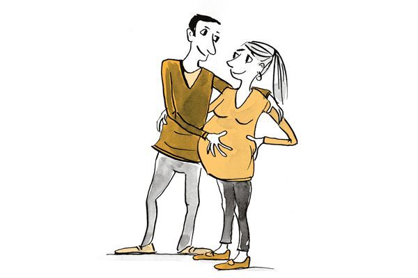 Illustration Mann umarmt seine schwangere Frau.
