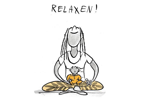 Illustration Mutter meditiert mit dem Kind auf dem Schoss.