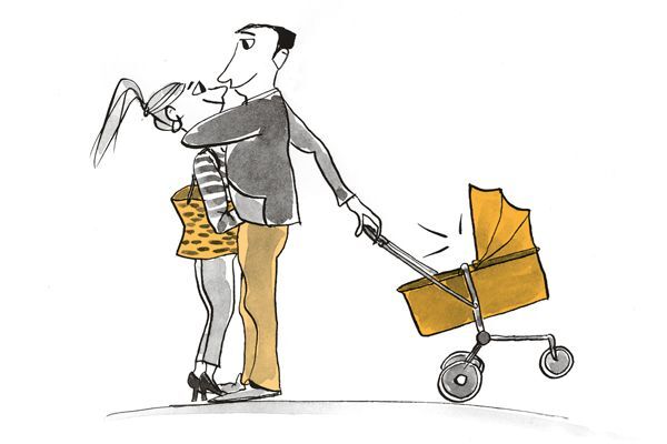 Illustration Paar umarmt sich während der Mann einen Kinderwagen hält.