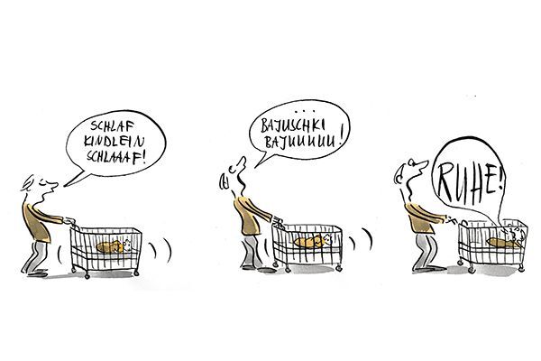 Illustration Das Elternteil singt das Kind in den Schlaf bis das Kind "Ruhe!" ruft.