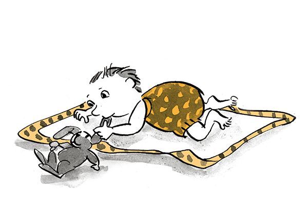 Illustration Kind spielt am Boden mit einem Plüschtier.