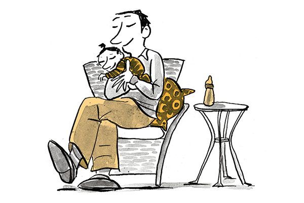 Illustration Vater sitzt im Sessel und umarmt Kind.