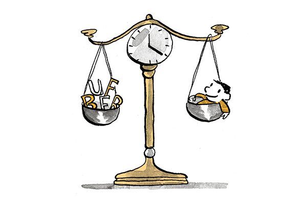 Illustration Waage mit Kind und Beruf im Gleichgewicht.