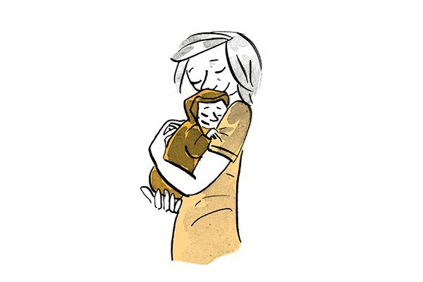 Illustration Mutter hält Kind im Arm.