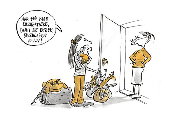 Illustration Mutter bringt Kind und ganz viele Stofftiere "damit sie besser einschlafen kann".