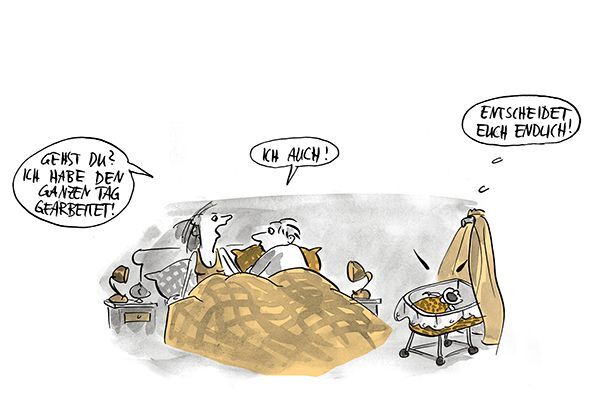 Illustration Eltern diskutieren wer zum Kind soll in der Nacht.