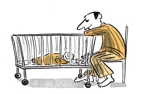 Illustration Vater schaut Kind beim Schlafen zu.