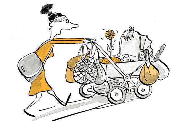 Illustration Mutter schiebt ein voller Kinderwagen.