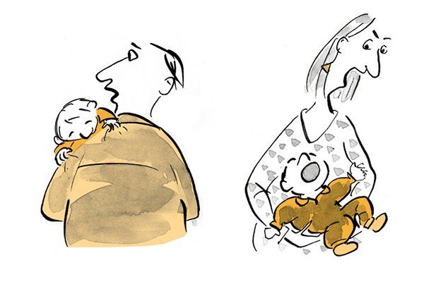 Illustration Eltern wiegen weinende Babys.