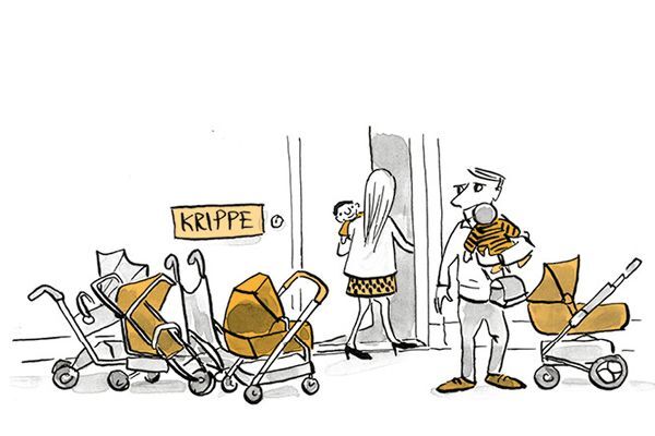 Illustration Eltern bringen ihre Kinder in die Krippe.