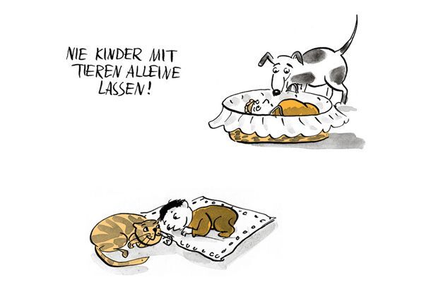 Illustration Zwei Kinder mit Hund und Katze.